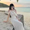 Vestido Largo de Diseño Retorcido Asimétrico Estilo Francés, Sexy y Atractivo, Malla Color Crema Sólido Ajustado