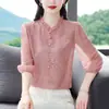 Camisa de Seda de Alta Qualidade para Mulheres, Mangas Três Quartos, Novo Estilo de Verão, Borda Franzida, Blusa Elegante Estampada, Top de Seda de Amora
