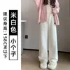 Pantalones de punto de espiga color blanco roto de pierna ancha para mujer, nuevos para otoño e invierno, de cintura alta, corte holgado con forro polar, pantalones rectos de estilo relajado