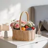 Cesta de Flores Ovalada Tejida de Mimbre Sintético, Cesta de Mimbre Hecha a Mano de Estilo Pastoral, Cesta de Almacenamiento para Souvenirs, Cesta Pequeña para Flores y Plantas Verdes
