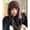 Gorro de Punto Marrón con Orejeras para Mujer, Cálido Sombrero Lei Feng para Otoño e Invierno, Hace que la Cara Parezca Más Pequeña, Circunferencia de Cabeza Grande, Gorro de Lana Engrosado a Prueba de Frío