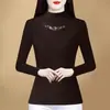 Moda Coreana Elegante Cuello Semi Alto Encaje Empalmado Diamante Caliente Calado Manga Larga Terciopelo Alemán Prenda Interior Reductora de Edad Cubre Vientre Camiseta Térmica Superior