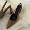 2025 Nova Primavera e Verão Sapatos de Salto Alto Apontado Verde Francês com Saia Sandálias Femininas de Salto Bloco Camada Única com Biqueira Aberta