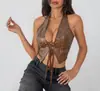 Europeu e Americano Transfronteiriço Amazon Sexy Menina Quente Decote Profundo Espinha de Peixe Cardigan Cor Sólida Gola Alta Cadarço Couro PU Colete Suspensório