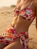 Biquíni tie-dye retrô europeu e americano conjunto feminino de três peças maiô estampado de leopardo floral com saia wrap de alça para férias