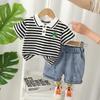 Traje de verano para niños 2023, nuevo traje para niños, traje de verano para bebés, rayas, dinosaurio pequeño, manga corta, elegante y a la moda.