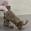 Sandálias Romanas para Mulheres, Botas Longas de Verão com Dedos Separados, Novas Botas Longas Estilo Francês 2025 com Salto Grosso, Botas de Veludo para Calças para Adultos