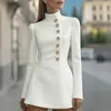 Vestido de otoño de manga corta, color liso, cuello alto, corte ajustado, abotonado, estilo nuevo, negro