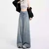 Jeans Vintage Wide Leg Azul Claro Plus Size Feminino Design de Nicho Cintura Alta Reto Solto Emagrecedor Versátil Calça Mop