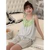 Pijama Sexy de Encaje de Manga Corta Estilo Nuevo 2025 con Almohadillas para el Busto para Mujer Verano Simple Color Puro Casual Conjunto para Estar en Casa