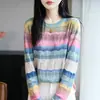 Top de Rayas Arcoíris Hengyuanxiang para Mujer, Camiseta Base de Punto Fino Calada para Otoño, Suéter Elegante que Reduce la Edad
