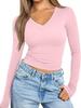 2024 Amazon Blusa Feminina de Manga Longa Outono Gola V Estilo Básico Slim Fit Camiseta Feminina com Design Patchwork Slim Fit