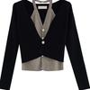 Suéter Chique de Patchwork Falso de Duas Peças Estilo Coreano para Mulheres, Curto para Primavera e Outono, Design Slim-Fit Top Camisa Básica Tricotada