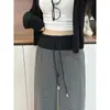 Calça Listrada Preta e Branca de Pernas Largas para Mulheres, Nova Coleção Primavera e Outono 2025, Cintura Alta, Caimento Fluido, Solta, Tecido Toalha, Casual, Reta para Figuras Baixas