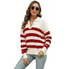 Suéter de Punto para Mujer de Comercio Exterior Transfronterizo Otoño e Invierno, Suéter de Manga Larga con Cuello Polo, Top de Punto Holgado a Rayas de Bloques de Color para Mujer