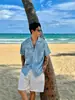 Camisa de manga corta plisada con cuello cubano, estilo "Old Money", diseño de fábrica "Tie-Dye Azul Hielo Seersucker" para hombre, corte holgado, camisa de moda