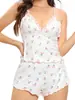 Conjunto de Pijama Sexy de Duas Peças com Estampa na Borda da Orelha, Decote V, Copas Triangulares, Alcinhas Cruzadas, Shorts Confortáveis para Casa