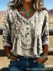 2026 Nueva Camiseta Estampada Transfronteriza de Cuello en V Top de Encaje Elegante Camisa Casual para Viajes Diarios para Mujer Verano