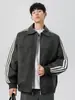 Chaqueta de Cuero PU Acu para Hombre con Solapa Rayada Desgastada y Manchas, Cuello Alto, Corte Holgado Casual con Cremallera y Remaches