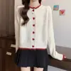 Cárdigan de punto con diseño de bloques de color y botón de corazón, manga larga corta, suéter, chaqueta de otoño e invierno, nuevo diseño transfronterizo para mujer