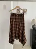 KEKEZOON Saia xadrez escovada de bainha irregular estilo coreano saia midi vintage de corte A com cinto 8629