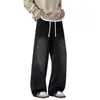 Jeans masculino da moda de rua, corte desconstruído, caimento solto, emagrecedor, calças compridas casuais retrô simples europeias, algodão azul e preto