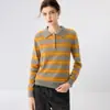 Suéter de cachemira de alta gama con rayas de contraste, cuello polo, mangas largas, diseño de punto, versátil y estiliza la figura, nueva colección de otoño, top de lana para mujer