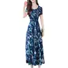 01 Vestido de Verão de Manga Curta Transfronteiriço Feminino Europeu e Americano de Manga Curta Elegante Emagrecedor Floral Gola Redonda Comprimento Médio Vestido para Idosos