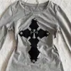 Camiseta Impresa Estilo Retro Americano Principios de Primavera Diseño de Nicho Aspecto Adelgazante Gris Manga Larga Top Estilo Primavera y Otoño Simple y Versátil