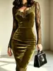 Vestido de Falda Larga Transparente de Encaje Nuevo Sexy Transfronterizo Europeo y Americano, Elegante Vestido con Escote en V, Patchwork de Encaje, Ceñido a la Cintura y la Cadera