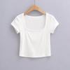 Camiseta de manga corta con cuello cuadrado y encaje para mujer, estilo europeo y americano, nueva camiseta de verano para mujer, estilo europeo y americano, corte entallado.