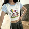 Camiseta de Manga Corta con Estampado de Dibujos Animados Estilo Retro Americano para Mujer, Verano Estilo Coreano Estilo Bm Manga Raglán de Color Contrastante Top Ajustado