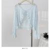 Blusa de encaje de manga larga acampanada con encaje calado, dulce, corta, con volantes y protección solar, para verano