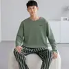 Pijama coreano de algodón puro para hombre, de manga larga y pantalón largo, para otoño e invierno, 100% algodón, cuello redondo, casual, corte holgado, adecuado para usar fuera de casa, conjunto para el hogar
