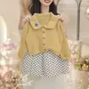 Adorable Conjunto de Otoño para Niñas de Preescolar 2026 Nuevo Modelo: Suéter cárdigan calado para niños y pantalones de lunares