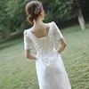 Vestido de novia ligero de satén francés para fotografía de viaje, simple, súper de hadas, estilo bosque, manga corta, vestido de salida de novia, largo hasta el suelo, vestido formal blanco