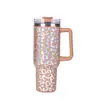 Termo para Coche de Acero Inoxidable 304 Elástico Borde Caliente Estampado Leopardo Plateado 40 oz Primera Generación Mismo Estilo Stanley Logo Personalizado