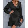 Vestido de Satén con Cuello en V de Verano Cintura de Satén Falda Midi Escotada Exportación Amazon Transfronterizo Estilo Europeo y Americano Ropa de Mujer