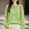 Suéter Grossinho de Tricô com Forro de Fleece Feminino, Novo Outono/Inverno Cashmere Lã Gola Redonda Manga Longa Solto Suéter de Lã Top