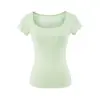 Camiseta de manga corta con volantes y cuello en U color caqui para mujer, Nuevo estilo de verano, Estilo de deseo puro, Corte ajustado, Versátil, con bolsillos, Camiseta básica