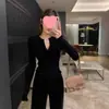 Camiseta Básica de Punto Canalé Estilo Coreano Andi de Terciopelo con Cuello Semi Abierto para Mujer, Top Interior de Manga Larga Ajustado para Mujer