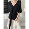 Nova Coleção de Outono SINAN: Blusa de tricô com decote V, estilo francês, chique e elegante, com amarração na cintura, modelagem que afina, de manga curta, SN9420