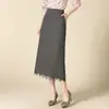 Falda de tela de traje con dobladillo de encaje, cierre lateral, cintura elástica en la parte posterior, falda ajustada, falda elegante de una pieza para mujer