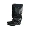 Em estoque~Botas longas de bico fino com rebites para mulheres, botas de montaria com fivela de cinto vintage e salto grosso, botas pretas empilhadas para mulheres
