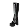 Botas de invierno y otoño transfronterizas brillantes de caña alta con plataforma impermeable, botas versátiles para mujer de talla grande, botas de moda con cremallera lateral y punta redonda, botas de charol