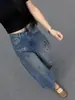 Jeans largos estilo retro americano com grafite para mulheres, novo modelo de verão 2026, calça reta casual solta cropped