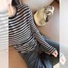 Camiseta de manga comprida listrada cinza retrô estilo americano, camiseta básica feminina, outono e inverno, top curto escovado