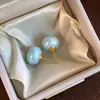 Aretes de Perla Grandes Redondos Planos tipo Shijia, Elegantes Aretes de Perla con Resorte de Ola Menta para Primavera y Verano
