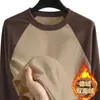 Camiseta Masculina de Manga Longa Raglan com Forro Térmico, Modelagem Solta Tendência, Versátil Moletom Masculino Gola Alta Meio para o Inverno