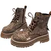 Botas Martin con Pedrería para Mujer 2026 Nuevo Estampado de Leopardo Completamente Cubiertas de Pedrería de Lujo con Cordones Botines Cortos Punta Redonda Plataforma de Suela Gruesa Botas Biker para Mujer